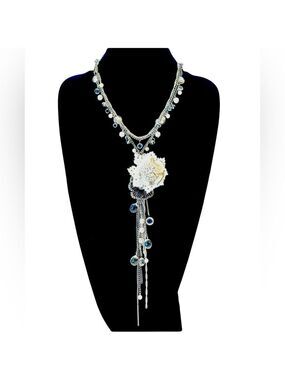 EXPRESS White leather flower & crystal lariat necklace NWT​